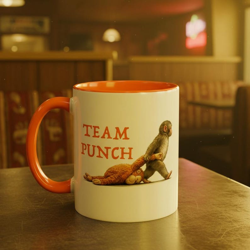 May include: White ceramic mug with an orange interior and handle. The mug features the text "TEAM PUNCH" in orange, along with an illustration of a monkey pulling another monkey. The mug is sitting on a table.