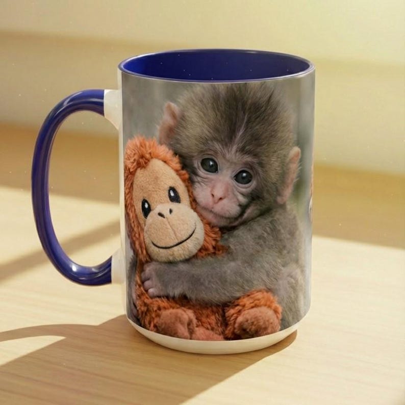 May include: White ceramic mug with a blue interior and handle. The mug features a smiling baby monkey hugging a stuffed orangutan. The monkey has grey fur and the stuffed animal is brown. Ideal for tea, coffee, or hot chocolate.
