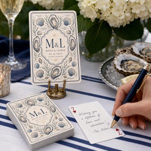 May include: A rectangular wedding sign and a deck of playing cards featuring a blue and cream oyster and seashell illustration. The sign displays the text M&L, Mitch & Lauren, 09.26.2026, and Nantucket, Massachusetts. A white card shows handwritten text.