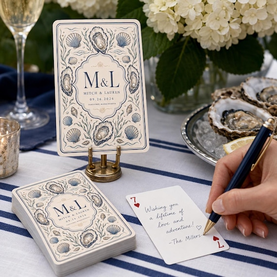 Coastal Wedding Guest Book Playing Cards, Personalized Oyster Monogram Deck with Writable Faces