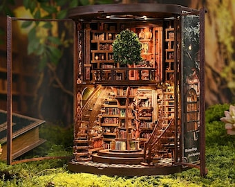 Enchanted Library Book Nook Kit, Wisdom Growth Ring, Curved Front, Warm LED, DIY Dollhouse Bookshelf Insert, Booktok Book Lover Gift
