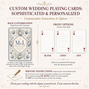 Pu&ograve; includere: Carte da gioco personalizzate per matrimoni con un design sul retro di ostriche, conchiglie e il testo M&L Mitch & Lauren 09.26.2026. Le opzioni frontali includono stili vuoti, a righe o a punti con un asso di cuori. Include istruzioni per pennarelli.