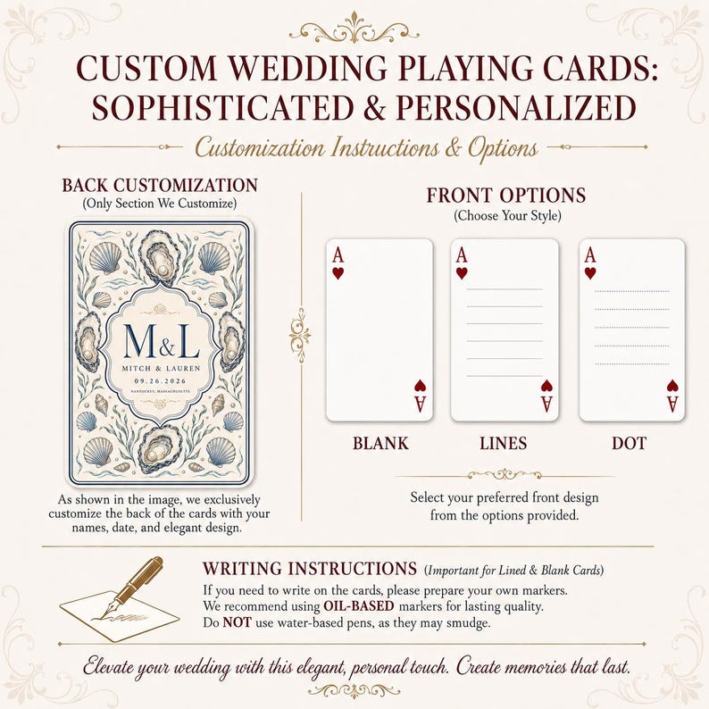 Pu&ograve; includere: Carte da gioco personalizzate per matrimoni con un design sul retro di ostriche, conchiglie e il testo M&L Mitch & Lauren 09.26.2026. Le opzioni frontali includono stili vuoti, a righe o a punti con un asso di cuori. Include istruzioni per pennarelli.