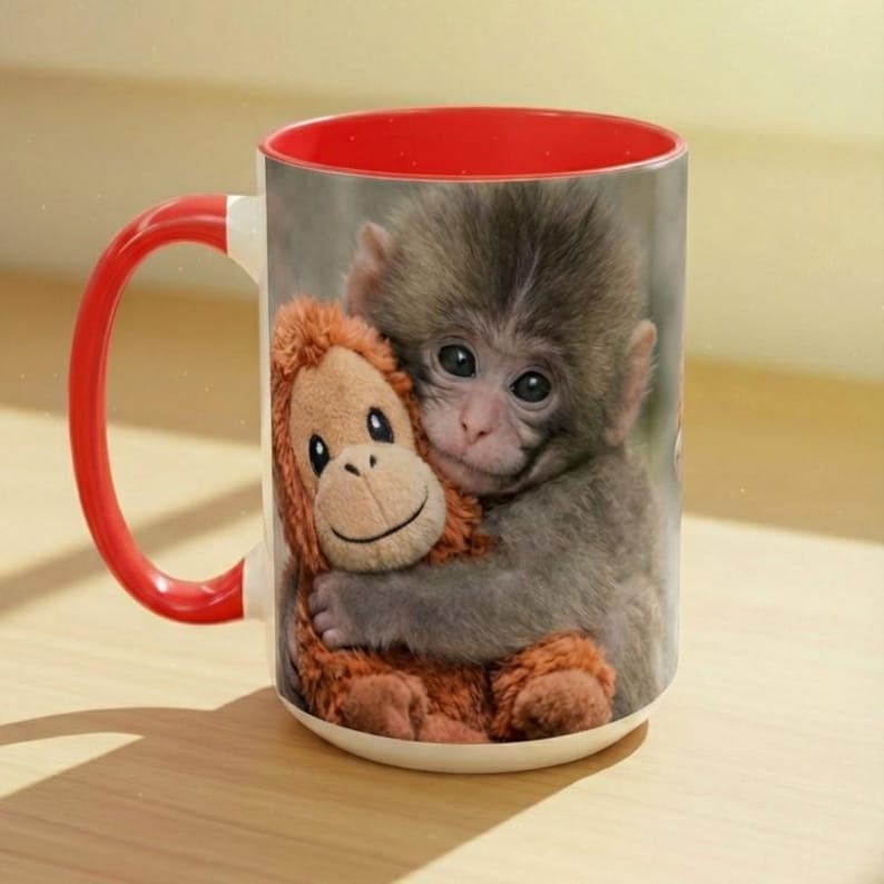 May include: White ceramic mug with a red interior and handle. The mug features a print of a baby monkey hugging a stuffed orangutan. The monkey has grey fur and the stuffed animal is brown. The mug is on a light brown surface.