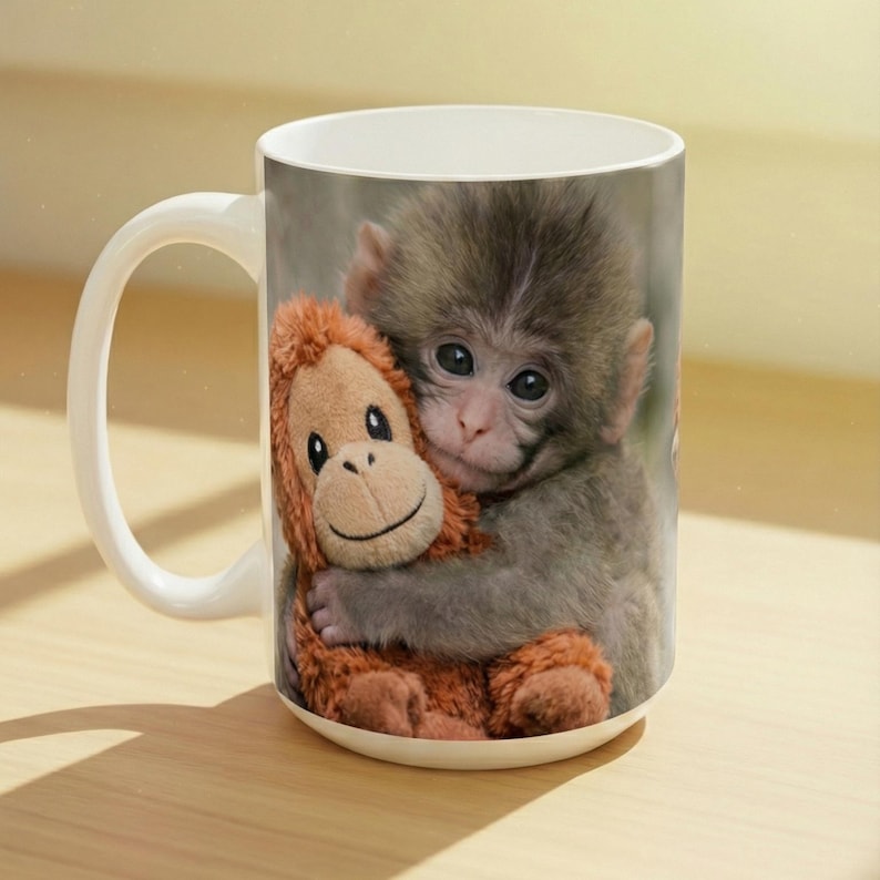 May include: White ceramic mug with a charming image of a baby monkey cuddling a stuffed orangutan. The monkey has grey fur and dark eyes, and the stuffed toy is brown with a smiling face. The mug has a white handle.