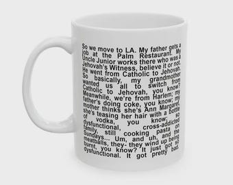 Queen of Melrose “My Father Gets a Job at the Palm Restaurant” Mug, Funny Story Paragraph Ceramic Mug, Minimal Black Text Cup, Unique Gift