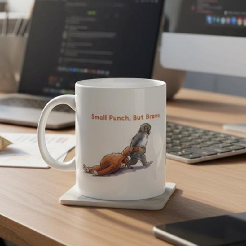 May include: White ceramic mug with the text "Small Punch, But Brave" and a cartoon illustration of two animals. One animal is on the ground, and the other is standing and holding the other animal. The mug is on a square coaster.