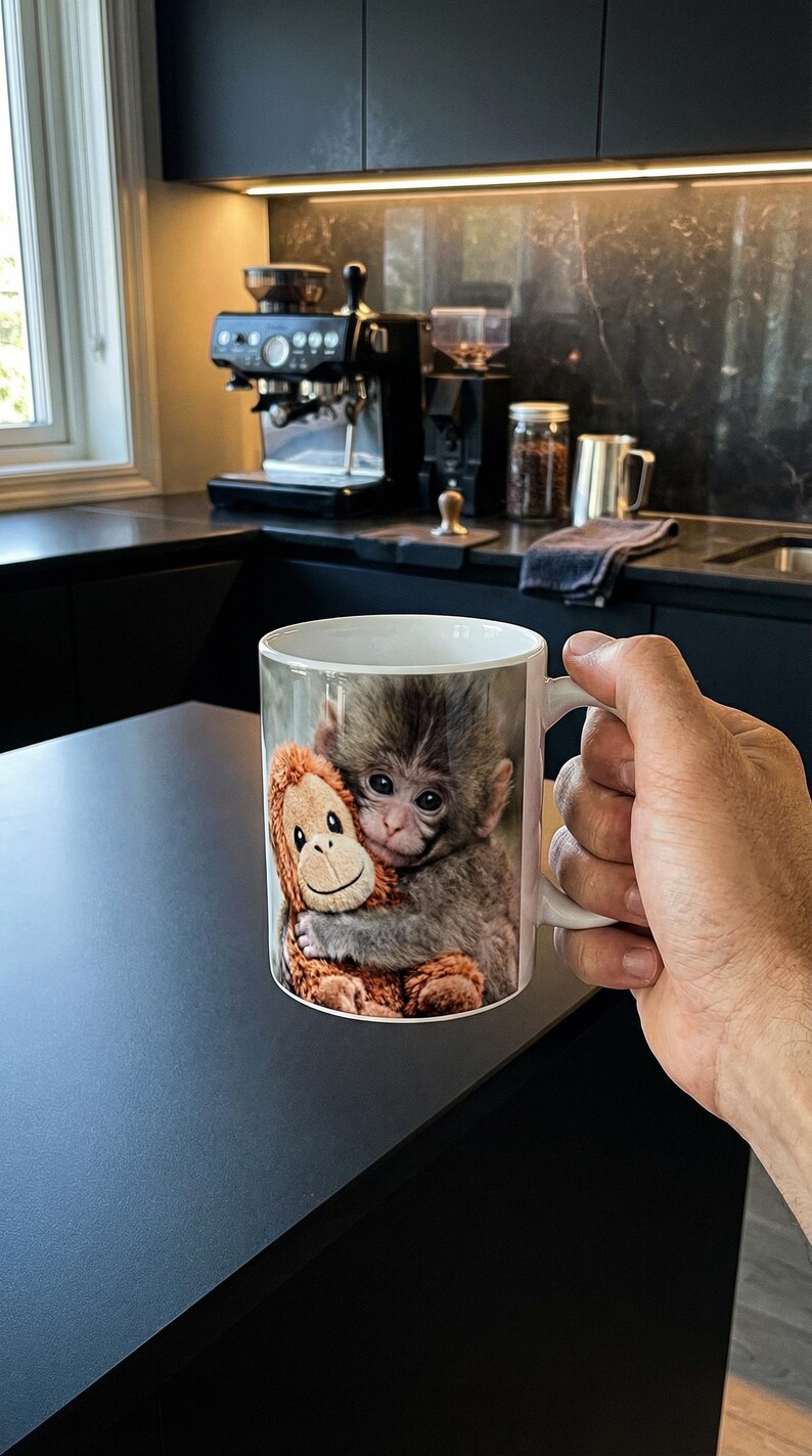 May include: White ceramic mug featuring a baby monkey hugging a stuffed orangutan. The mug has a light background and is held by a person. The mug is likely for coffee or tea.