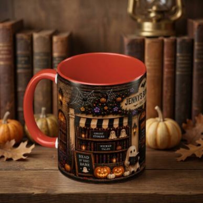 Personalized Halloween Bookshop Mug, Custom Name and Year, Vintage Book ...