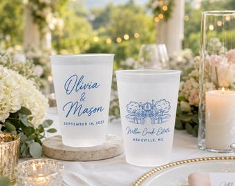 Personalized Wedding Cups, Custom Venue Drawing Frosted Plastic Party Favors