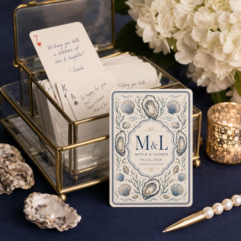 Pu&ograve; includere: Una scatola in vetro e ottone contenente un mazzo di carte con messaggi scritti a mano. Una carta in primo piano presenta un'illustrazione di ostriche blu e crema con il testo M&L, Mitch & Lauren e la data 09.26.2026 stampati sopra.