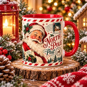 Puede incluir: Una taza de cerámica blanca con interior y asa rojos, que presenta una ilustración vintage de Santa Claus, un sello de North Pole Post y el texto North Pole Post. El diseño incluye detalles de acebo y un sobre con la frase With love from Santa.