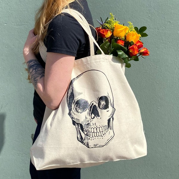 SALE! Slightly Irregular SKULL Canvas Tote Bag - Anatomical Skull - Reusable - Grocery - Shopping - Purse - Sack - Halloween -