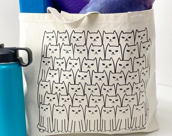 Cat Tote Bag - Screen Printed Cotton Grocery Bag - Large Canvas Shopper - Reusable Grocery Tote Bag - Cat Lady Bag