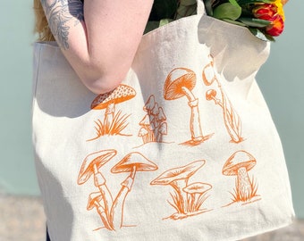 Mushroom Canvas Tote Bag - Screen Printed Cotton Grocery Bag - Large Canvas Shopper - Reusable Grocery Tote Bag
