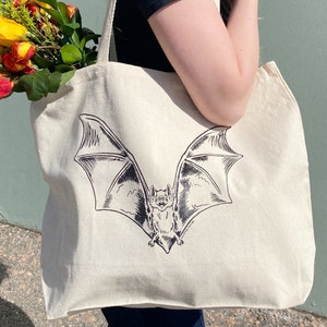 Bat Tote Bag - Screen Printed Cotton Grocery Bag - Large Canvas Shopper - Reusable Grocery Tote Bag