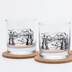 Mountain Rocks Glass - Mountain Scene Whiskey Glass - Set of Two Whiskey Glasses - Mountain Housewarming Gift - Mountain Wedding Gift