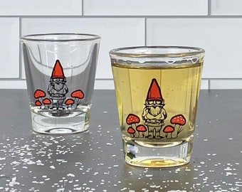 Gnome Shot Glass - Barware - Glass - Gnome - Toadstool - Screen Printed Glassware - Magical Glass - Gnome Shot Glass