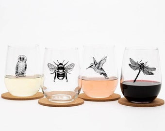 BIRDS and INSECTS Set of 4 Wine Glass -  Glasses - Nature Wine Glasses