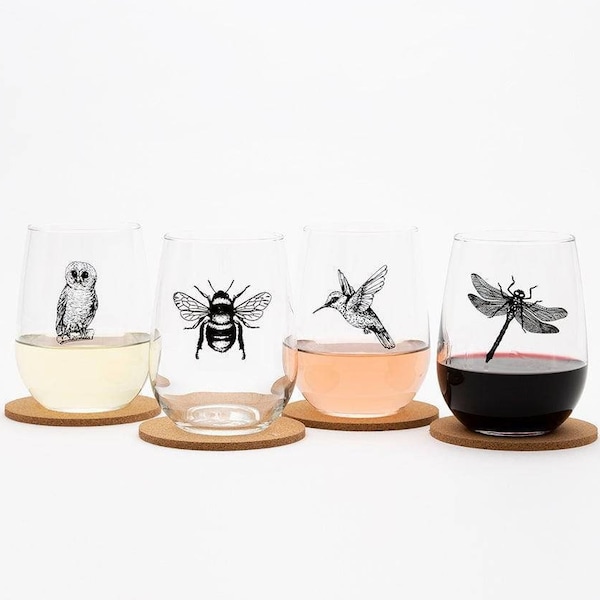 BIRDS and INSECTS Set of 4 Wine Glass -  Glasses - Nature Wine Glasses