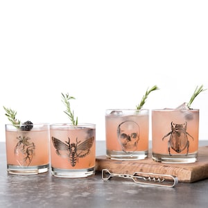 MACABRE Set of 4 Rocks Glasses (silver metallic print) - Skull - Heart - Moth - Beetle- Cocktail - Highball -Barware - Whiskey - Halloween