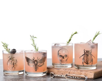 Set of 4 Halloween Rocks Glasses with Silver Metallic Print: Skull - Heart - Moth - Beetle