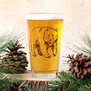 Grizzly Bear Pint Glass: 16oz Beer Glass, Outdoorsy Decor