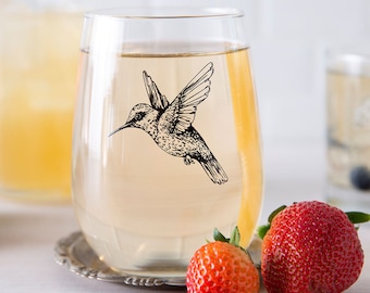 SALE! Slightly Irregular- HUMMINGBIRD Wine Glass- Stemless Wine Glass- Mother's Day Gift