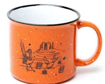 Desert Ceramic Coffee Mug - Speckled Mug - Roadrunner and Cactus Mug