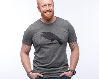 Crow Graphic Tee | Screen Printed in USA | Unisex Heather Grey T-Shirt, Nature Bird Design