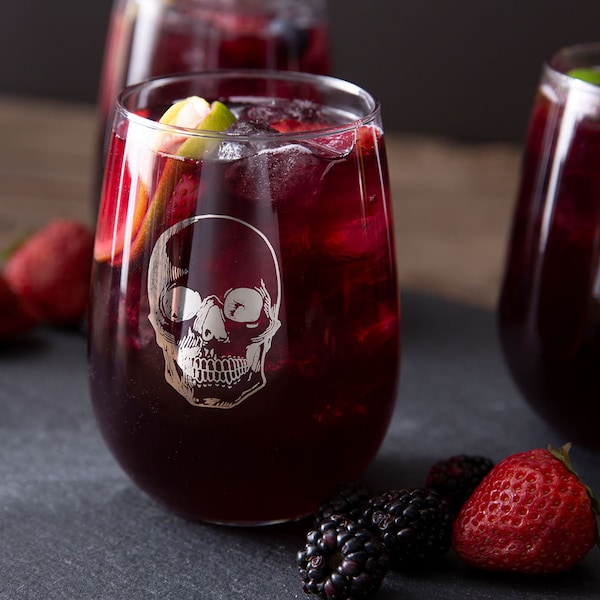 Skull Wine Glass - Stemless Wine Glass - Cocktail Glass - Barware -  Drinking Glass - Screen Printed Glassware - Human Skull - Bones