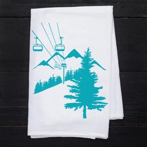 Ski Lift Flour Sack Towel: USA Made Cotton Kitchen Decor