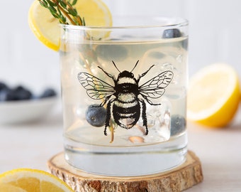 Bee Whiskey Glass | 11oz Screen Printed Rocks Glass | Nature Lover Barware Gift for Him & Her, Honeybee Bourbon Tumbler