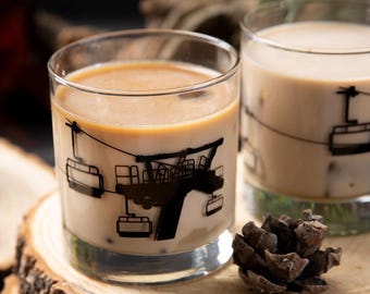 Ski Lift Whiskey Glass Set | 11oz Screen Printed Rocks Glasses | Mountain Barware Gift for Him, Skier Bourbon & Scotch Tumbler