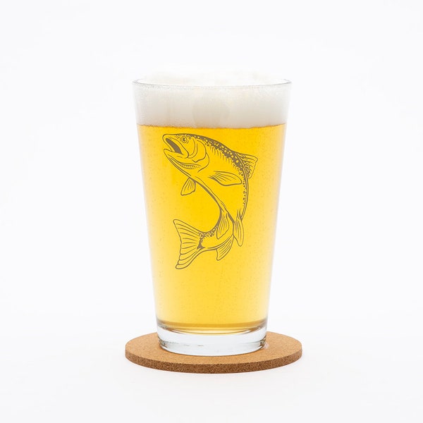 SALE! Slightly Irregular TROUT Pint Glass- Fish Beer Glass - Gold Printed Trout Glassware - Gift for Dad - Fishing Pint