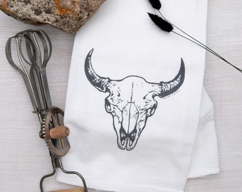 Cow Skull Kitchen Towel - Tea Towels - Flour Sack Dish Towels - Buffalo Skull - 100% Soft Cotton - Southwestern Decor