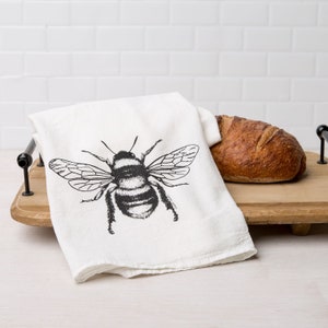 Honey Bee Kitchen Towel - Flour Sack Tea Towel - Hand Printed - French Bee - Dishcloth - Kitchen Decor - Housewarming Gift