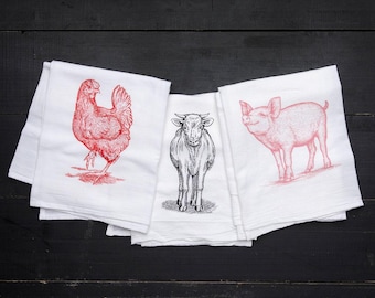 Farm Animals Flour Sack Tea Towel Set | Farmhouse Kitchen Dish Towel | Farm Lover Gift | Housewarming Hostess Gift | Farmhouse Kitchen Decor