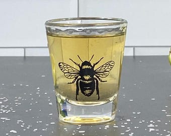 Bee Shot Glass | 2oz Screen Printed Bumble Bee Barware | Nature Lover Gift for Her, Funny Honeybee Whiskey Shot Glass