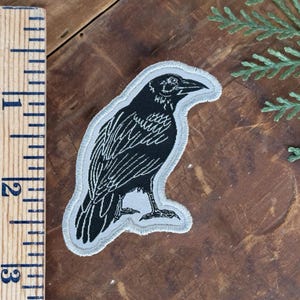 May include: Black and white embroidered raven patch. The raven is depicted in profile, with detailed feathering and a prominent beak. The patch has a light gray border and is approximately 2.5 inches tall.