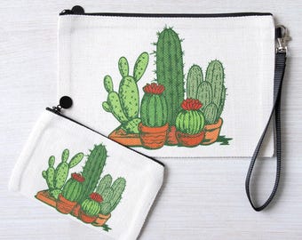 Estuche con cremallera de cactus: neceser de lino, estuche para lápices