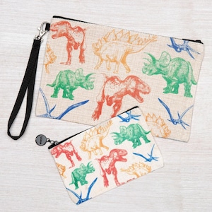 Linen Dinosaur Zipper Pouch: Cosmetic Bag, Coin Purse, Pencil Bag