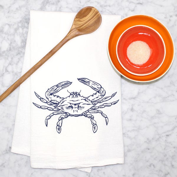 SALE!!- Discontinued- CRAB Tea Towel - Screen Printed Kitchen Towel - Flour Sack Towel - Hand Printed Dish Towel - Blue Crab Dish Towel