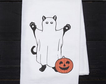 Ghost Cat Flour Sack Tea Towel - Cat Lovers Gift - Halloween Tea Towels