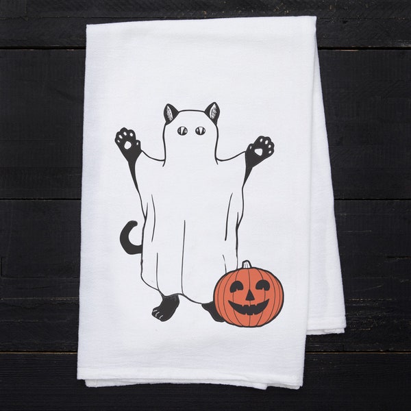 Ghost Cat Flour Sack Tea Towel - Cat Lovers Gift - Halloween Tea Towels