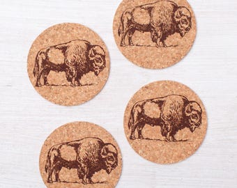 Rustic Bison Cork Coasters, Buffalo Gift  - Set of 4