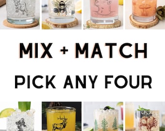 Mix and Match Whiskey Glasses Set of 4 | Screen Printed 11oz Rocks Glasses | Custom Barware Gift Set for Him & Her, Wedding Gift