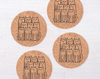 Cat Lover Cork Coasters, Eco-Friendly, Hand-Printed - Set of 4