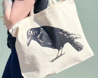 CROW Canvas Tote Bag - Reusable - Grocery - Shopping - Purse - Sack - Raven - Bird - Halloween - Goth - Macabre