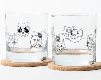 Whisky Rocks Glas: Katzengesichter Illustration - 11 Unze Gläser